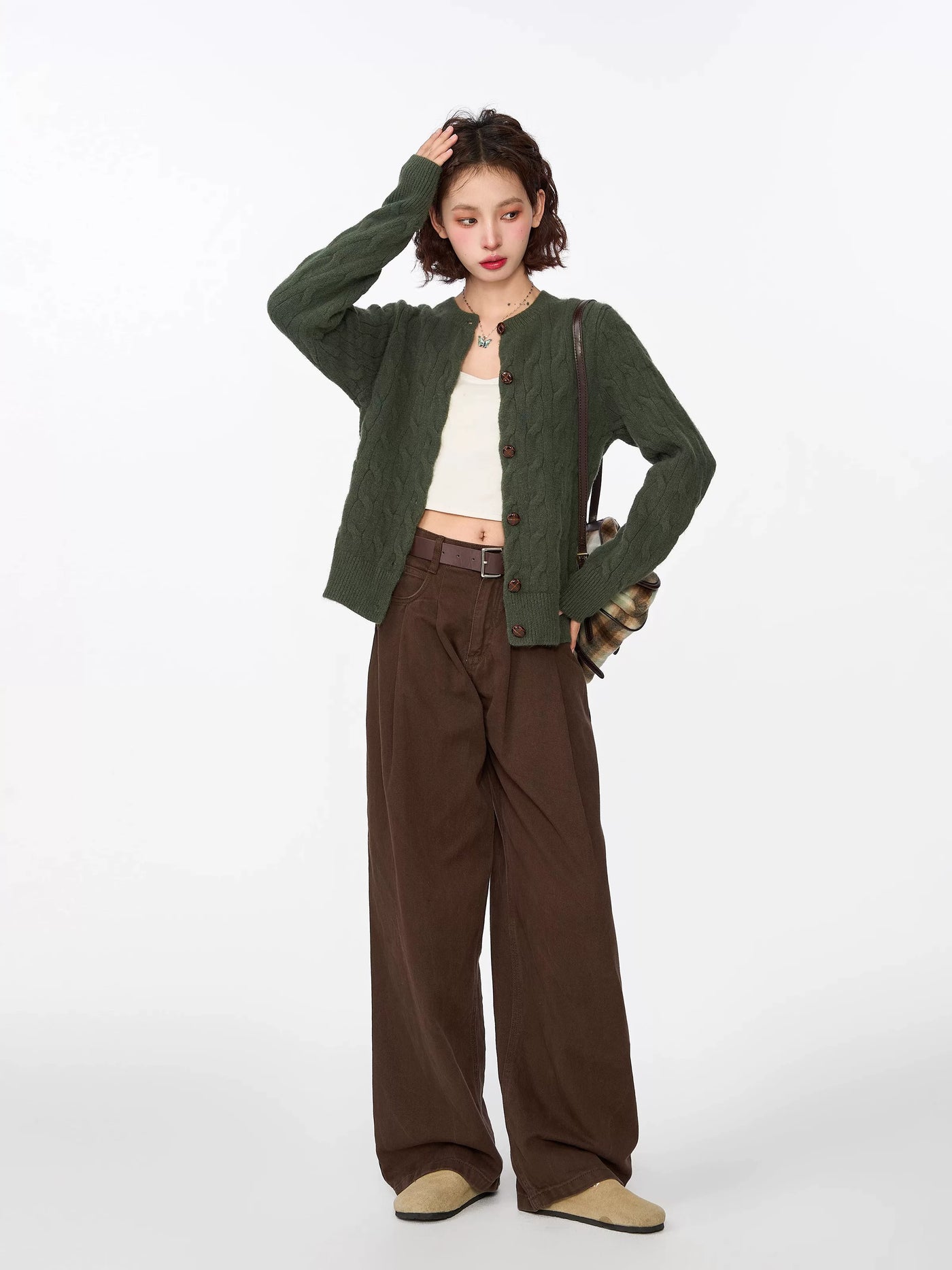 绿色麻花毛衣开衫外套女早春春季韩系内搭打底短款针织衫长袖上衣
