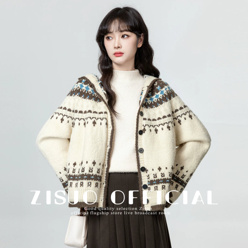 费尔岛连帽毛衣外套女2026秋冬新款复古撞色加厚带帽针织开衫上衣