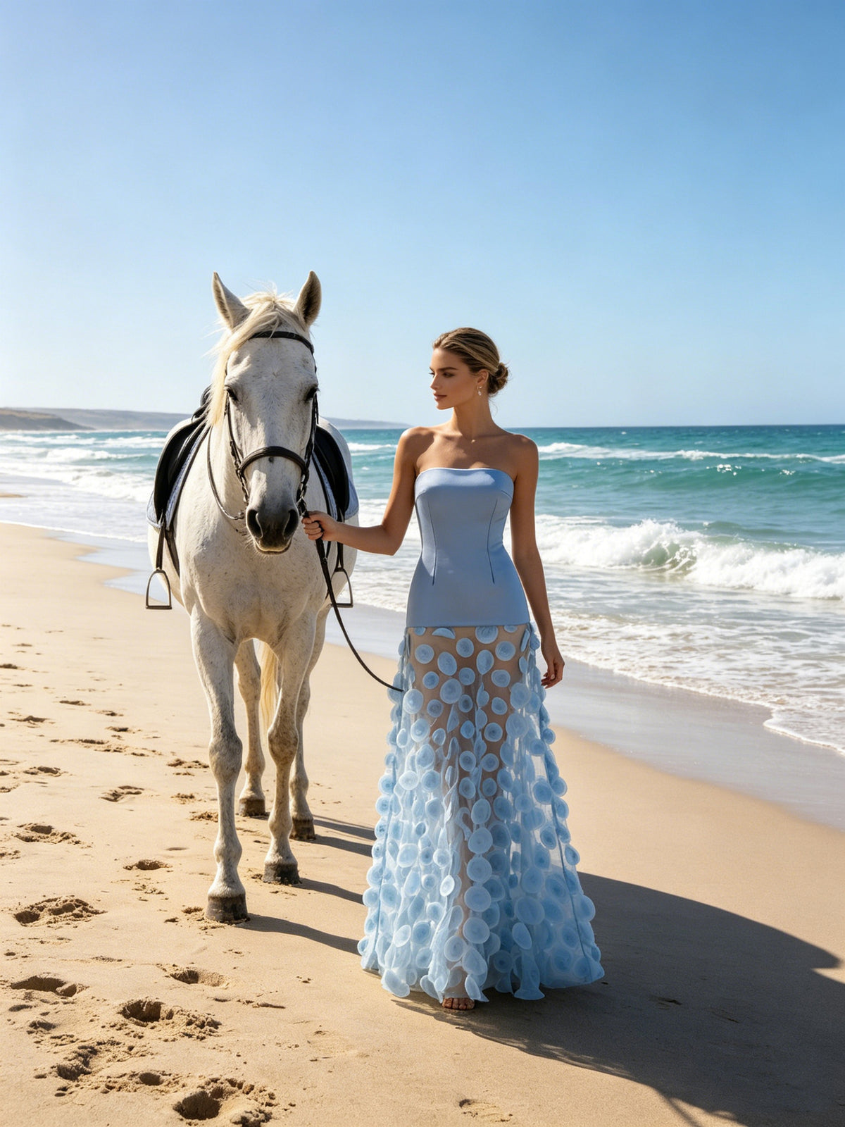 Women's Strapless Mesh Maxi Evening Dress - Sky Blue