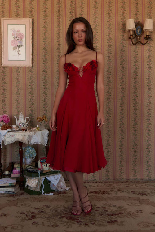 Floral V-Neck Midi Party Dress - Red