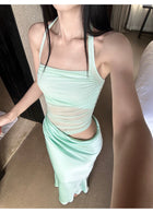 Mint Ruched Mesh Cutout Halter Maxi Dress - detail or back view