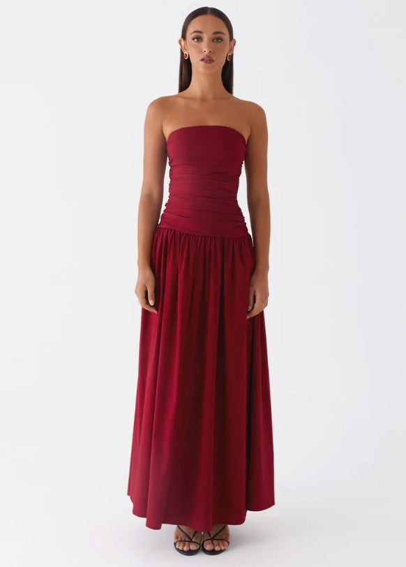 Strapless Ruched Maxi Evening Dress - Red