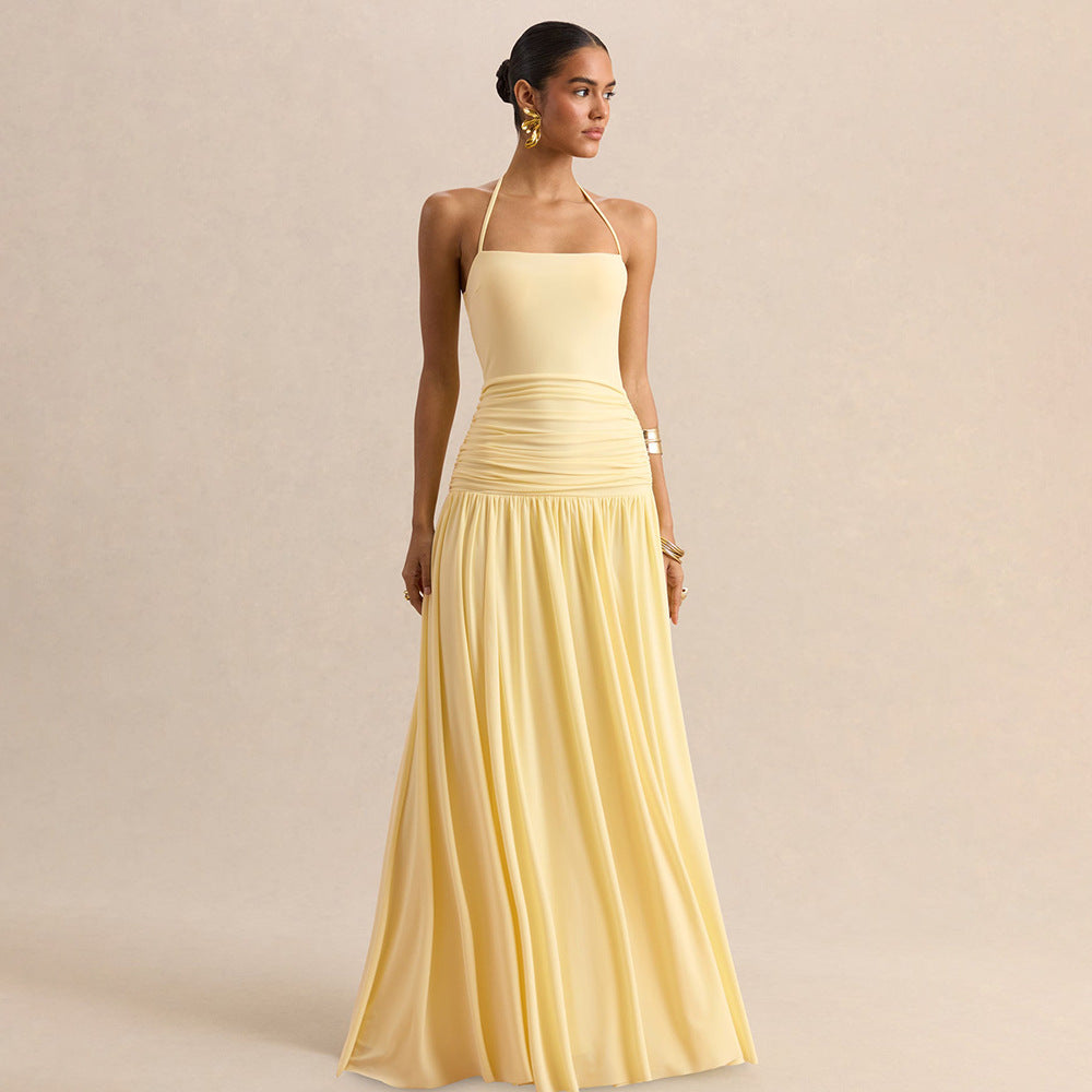 Women's Halter Ruched Evening Dress with Open Back