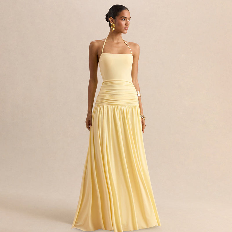 Women's Halter Ruched Evening Dress with Open Back