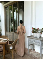 Khaki Cross Halter Gathered Maxi Dress - detail or back view