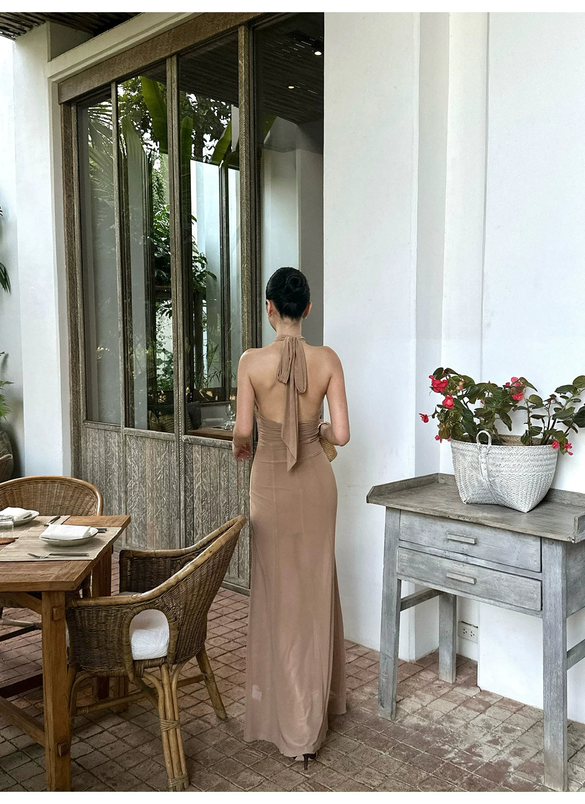 Khaki Cross Halter Gathered Maxi Dress - detail or back view