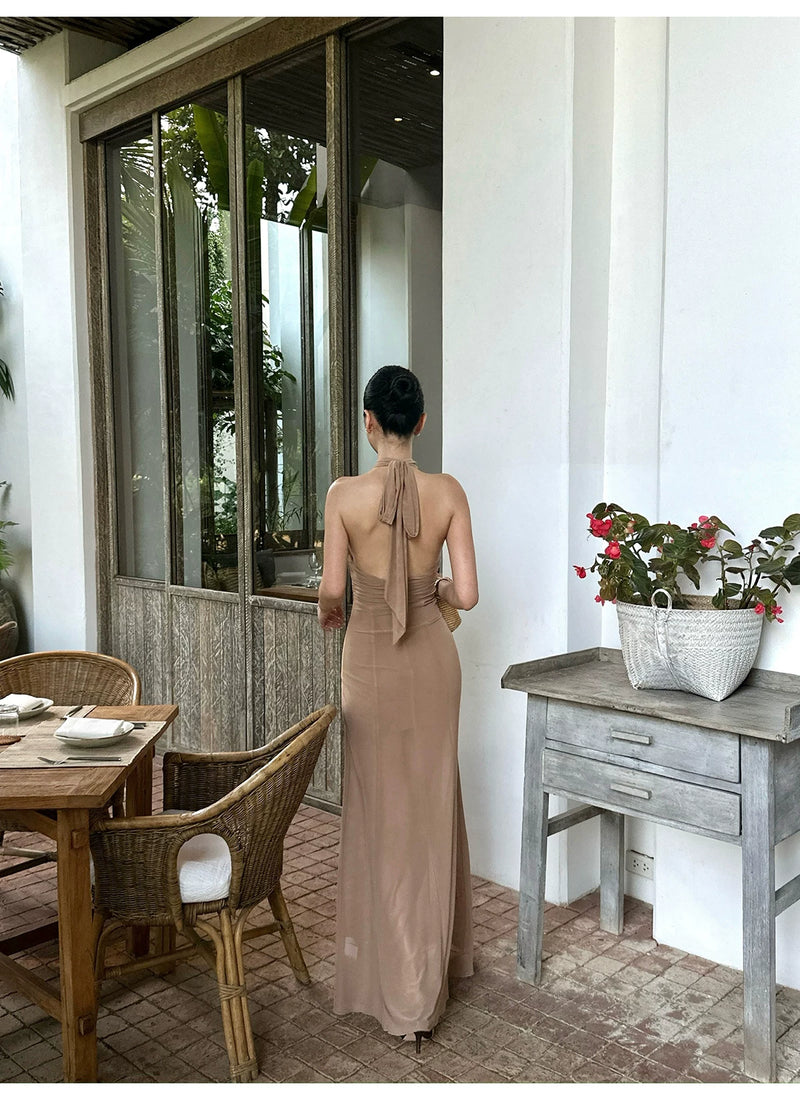 Khaki Cross Halter Gathered Maxi Dress - detail or back view