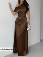 Women's One-Shoulder Satin Ruched Evening Dress - Dark Brown