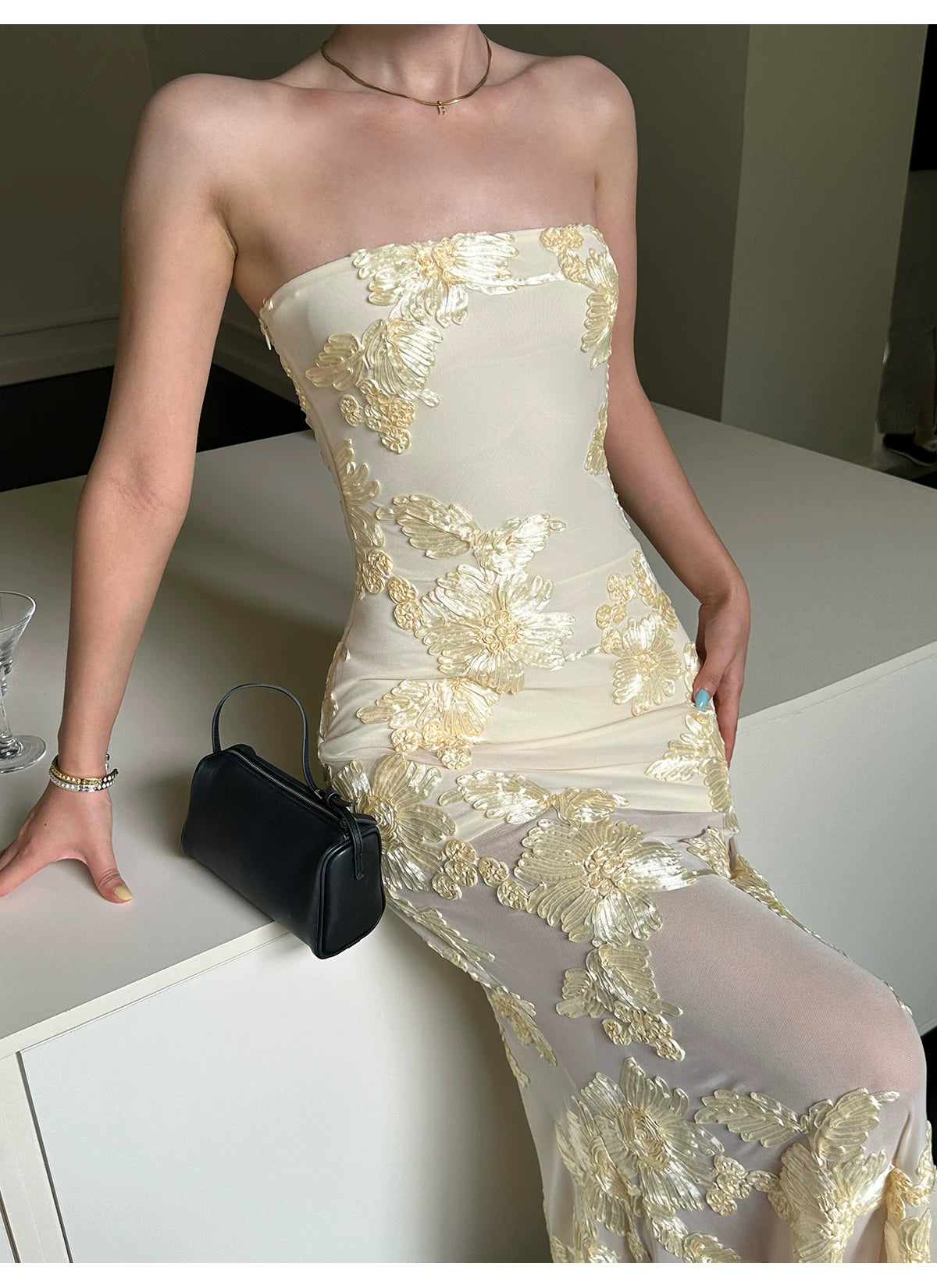 Yellow Floral Applique Strapless Mermaid Maxi Dress - detail or back view