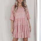 Women's Round-Neck Short-Sleeve Sequin Evening Dress - Pink
