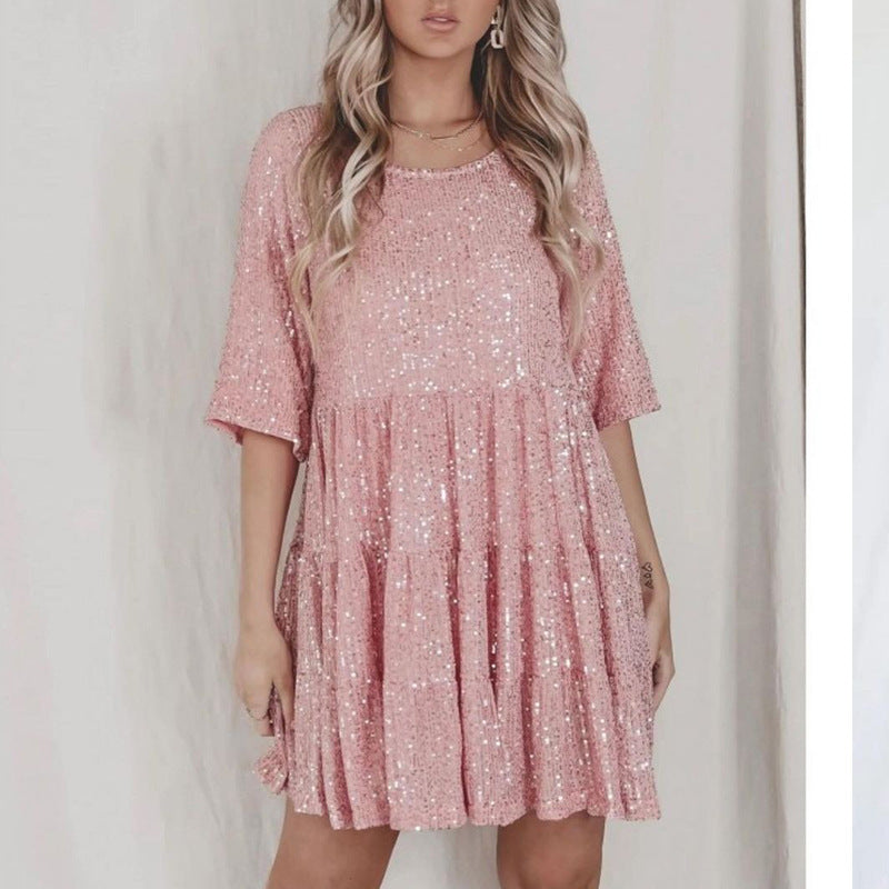 Women's Round-Neck Short-Sleeve Sequin Evening Dress - Pink