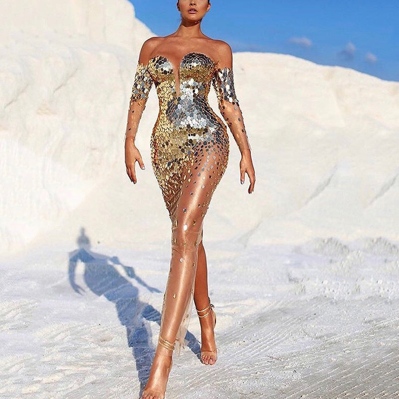 Women's Off-Shoulder Sequin Maxi Evening Dress - Gold