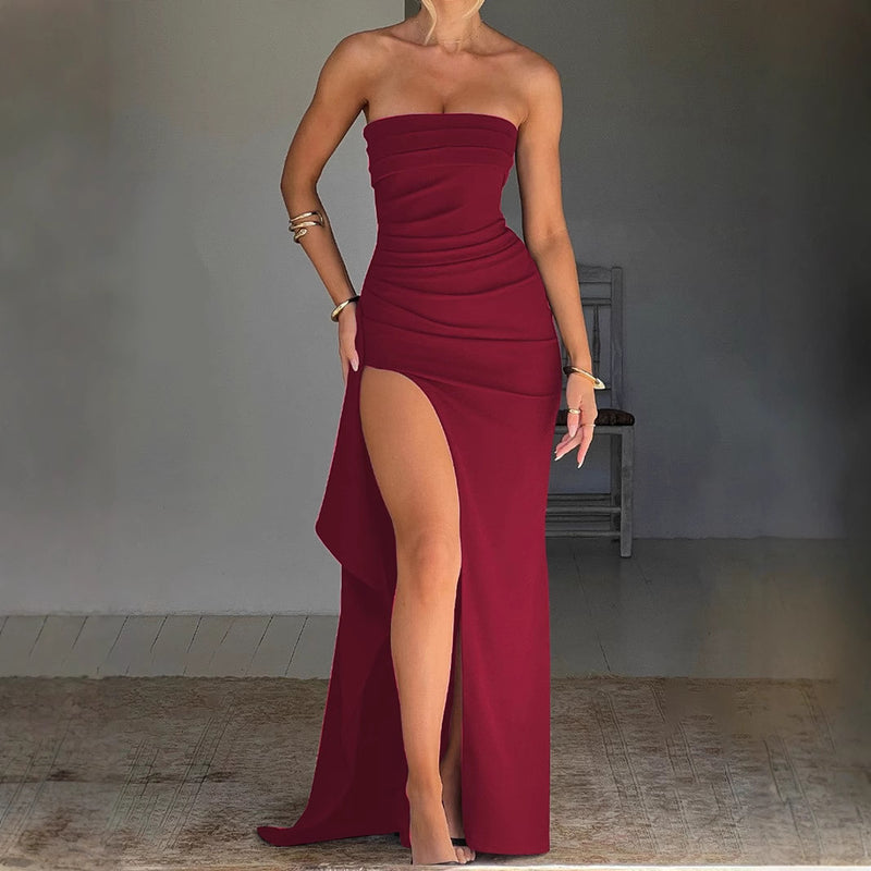 Women's Strapless Maxi Evening Dress with Open Back