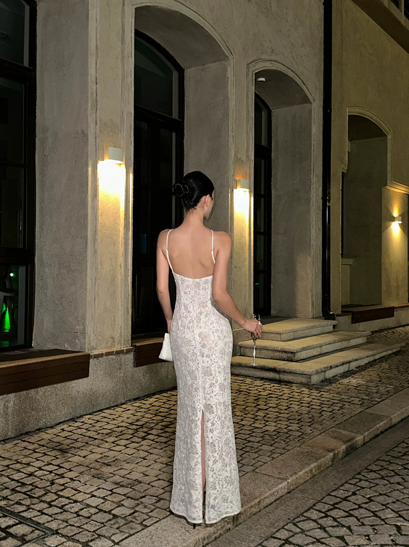 Ivory Floral Lace Keyhole Halter Mermaid Maxi Dress - detail or back view