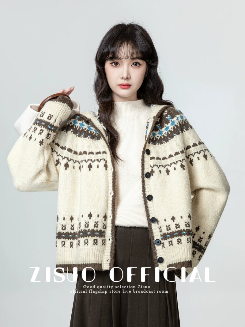 费尔岛连帽毛衣外套女2026秋冬新款复古撞色加厚带帽针织开衫上衣