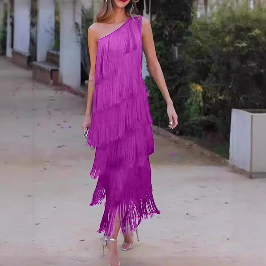 Women's One-Shoulder Fringe Evening Dress