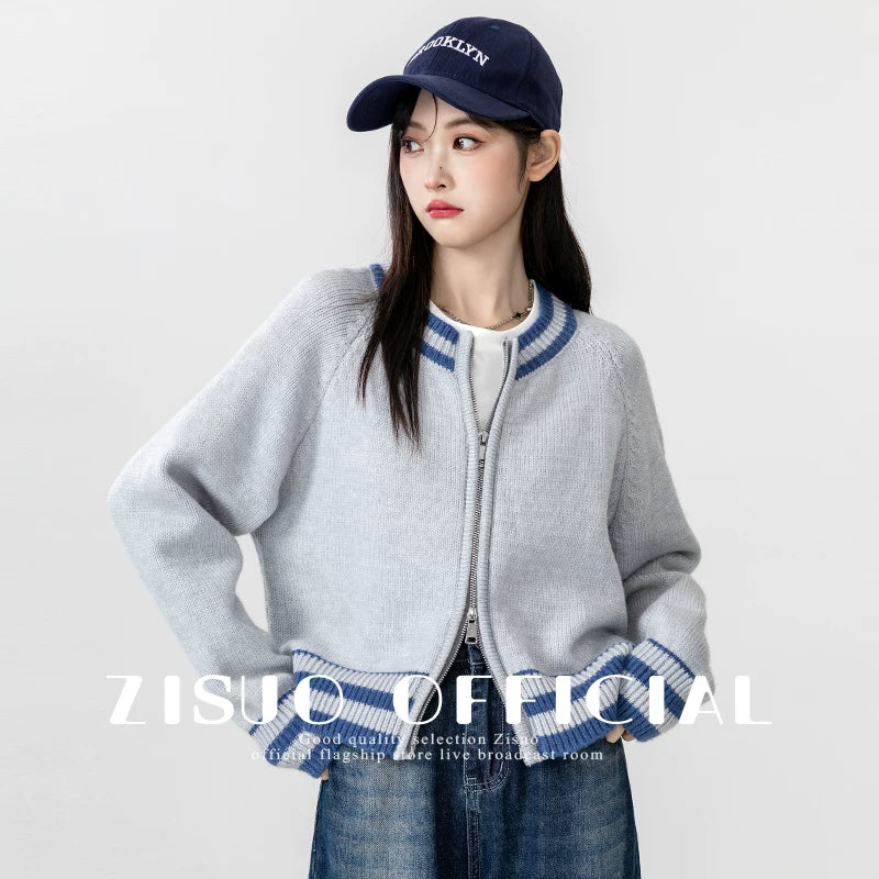 2026春秋新款双拉链灰色毛衣外套女宽松针织棒球服开衫短款上衣潮