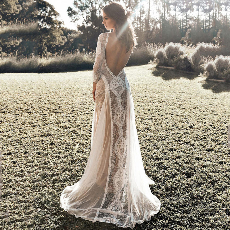 Women's Lace Long-Sleeve Open-Back Wedding Gown