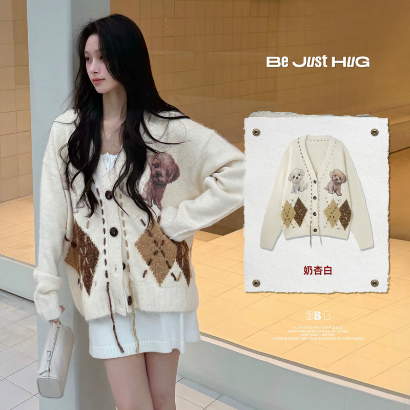 BJHG不计后果羊毛毛衣男款冬季新款小狗菱格开衫内搭针织衫外套女