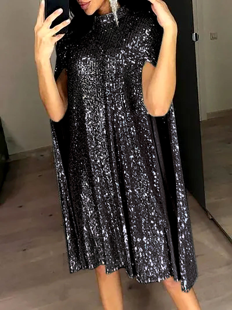 Women's Long-Sleeve Sequin Evening Dress with Slit - Black