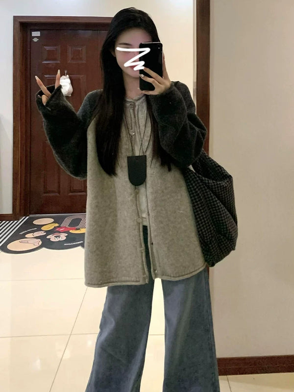 慵懒风灰色长袖开衫毛衣女秋季2026年新款拼接撞色针织衫上衣外套