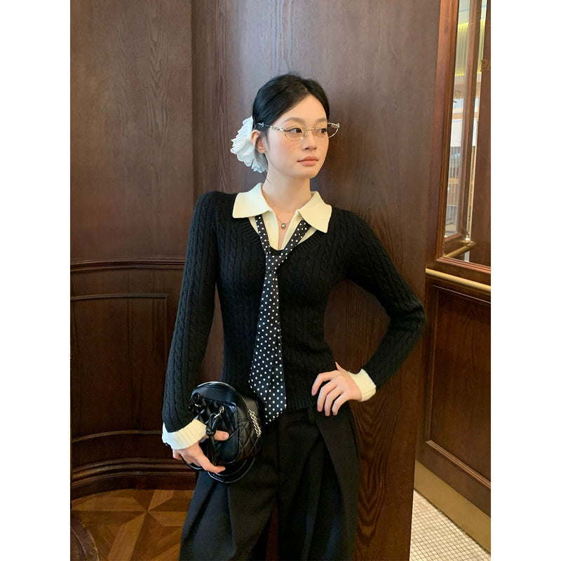 宋正恩咖色Polo领假两件针织衫女毛衣秋季内搭修身短款长袖小上衣