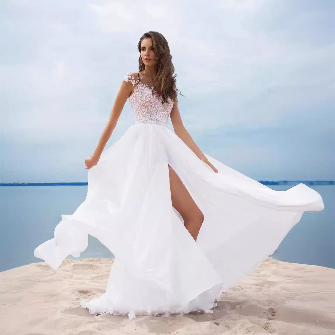 Women's White Chiffon Lace-Up Maxi Evening Dress with Slit