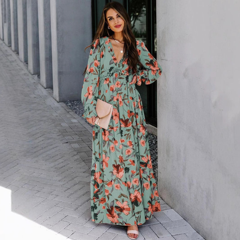 Women's Long-Sleeve Floral Maxi Evening Dress