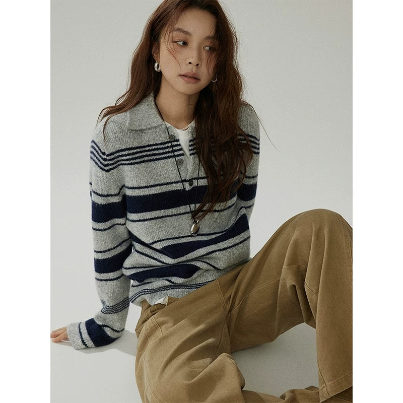 法式复古老钱风撞色条纹翻领针织衫女早秋氛围感休闲百搭长袖毛衣