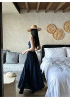 Navy Ruched Corset Spaghetti Strap Maxi Dress - detail or back view