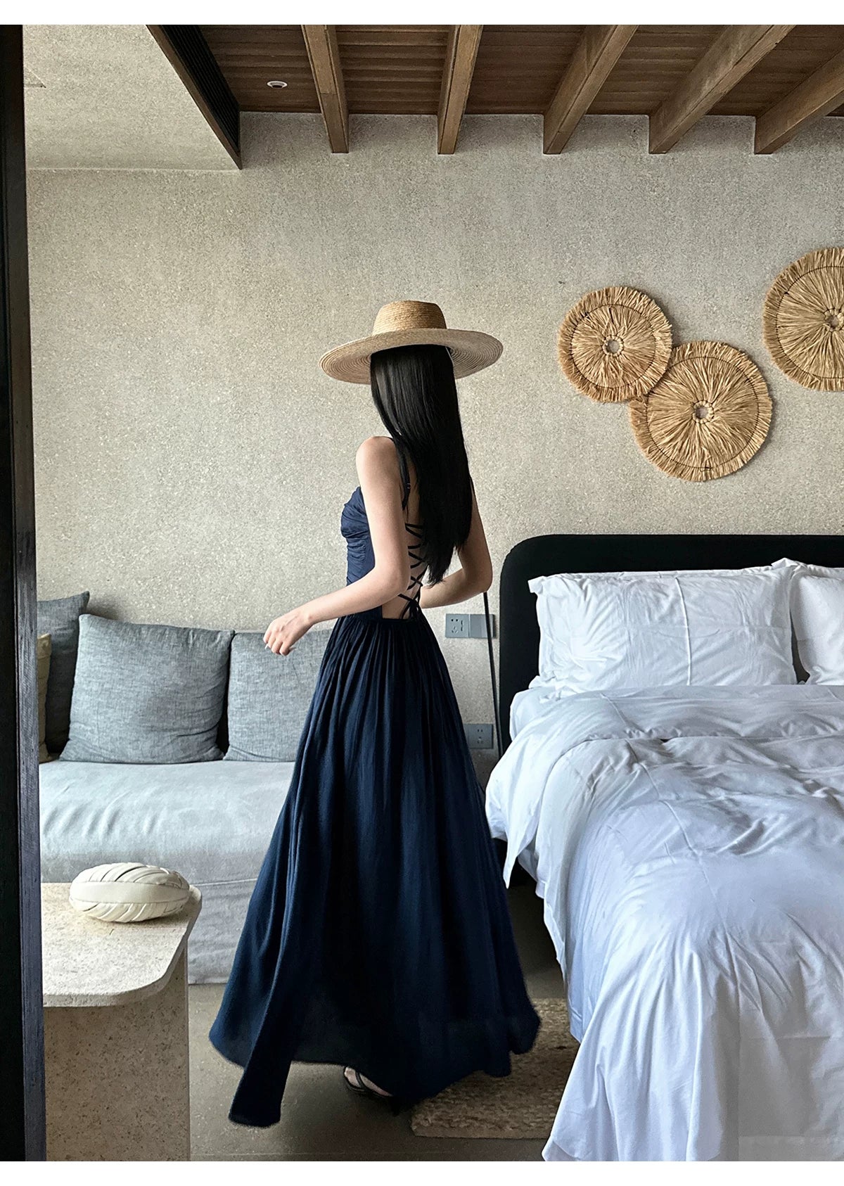 Navy Ruched Corset Spaghetti Strap Maxi Dress - detail or back view