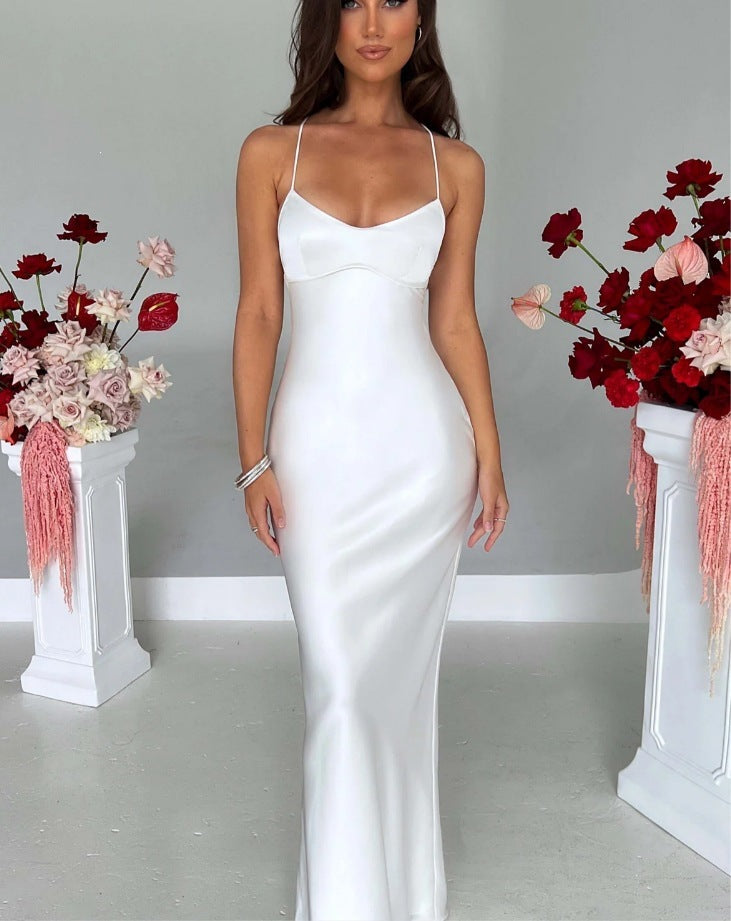 Women's Spaghetti-Strap Satin Evening Dress - White