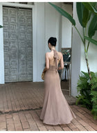 Khaki Cross Halter Gathered Maxi Dress - detail or back view