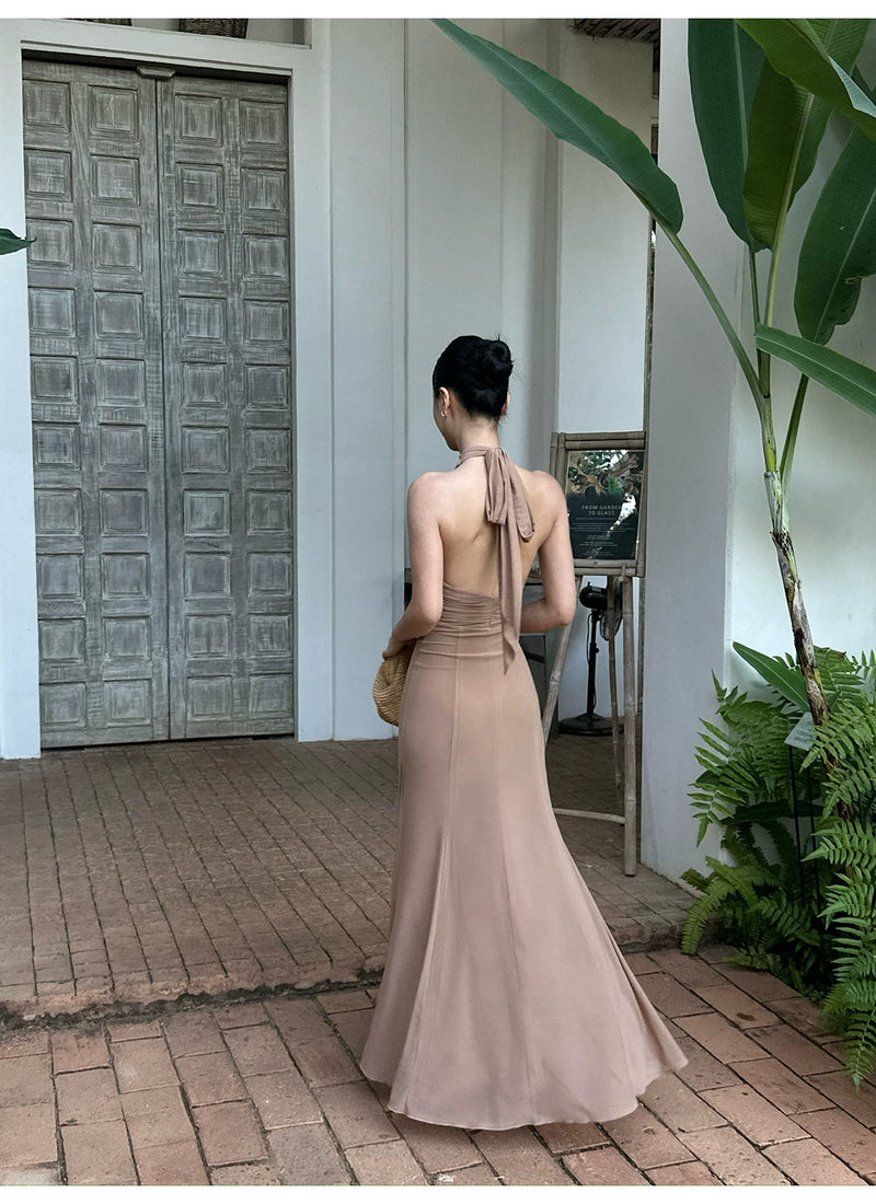 Khaki Cross Halter Gathered Maxi Dress - detail or back view