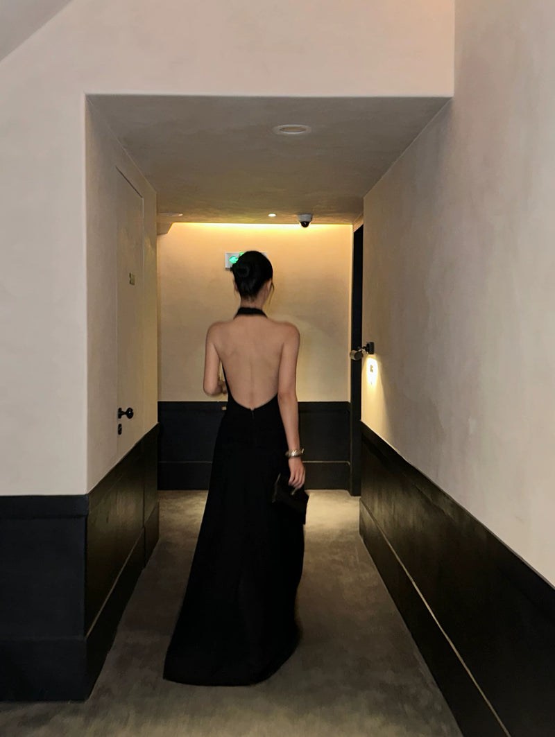 Open-Back Halter Maxi Dress with Ruched Waist - detail or back view