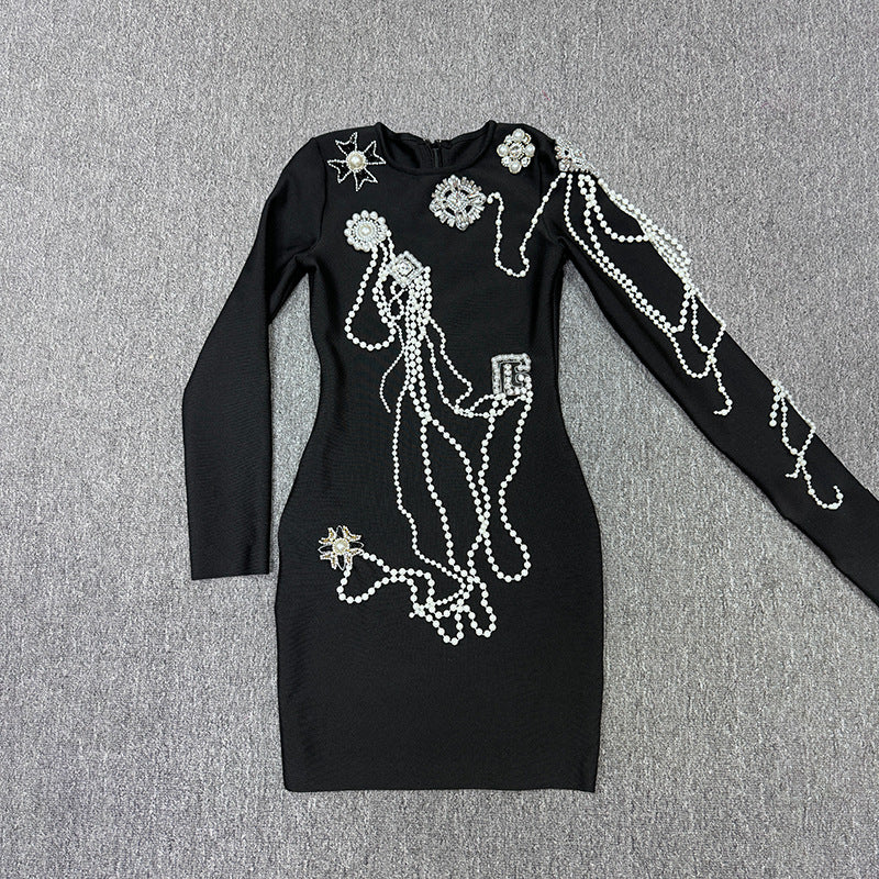 Women's Round-Neck Long-Sleeve Bandage Evening Dress