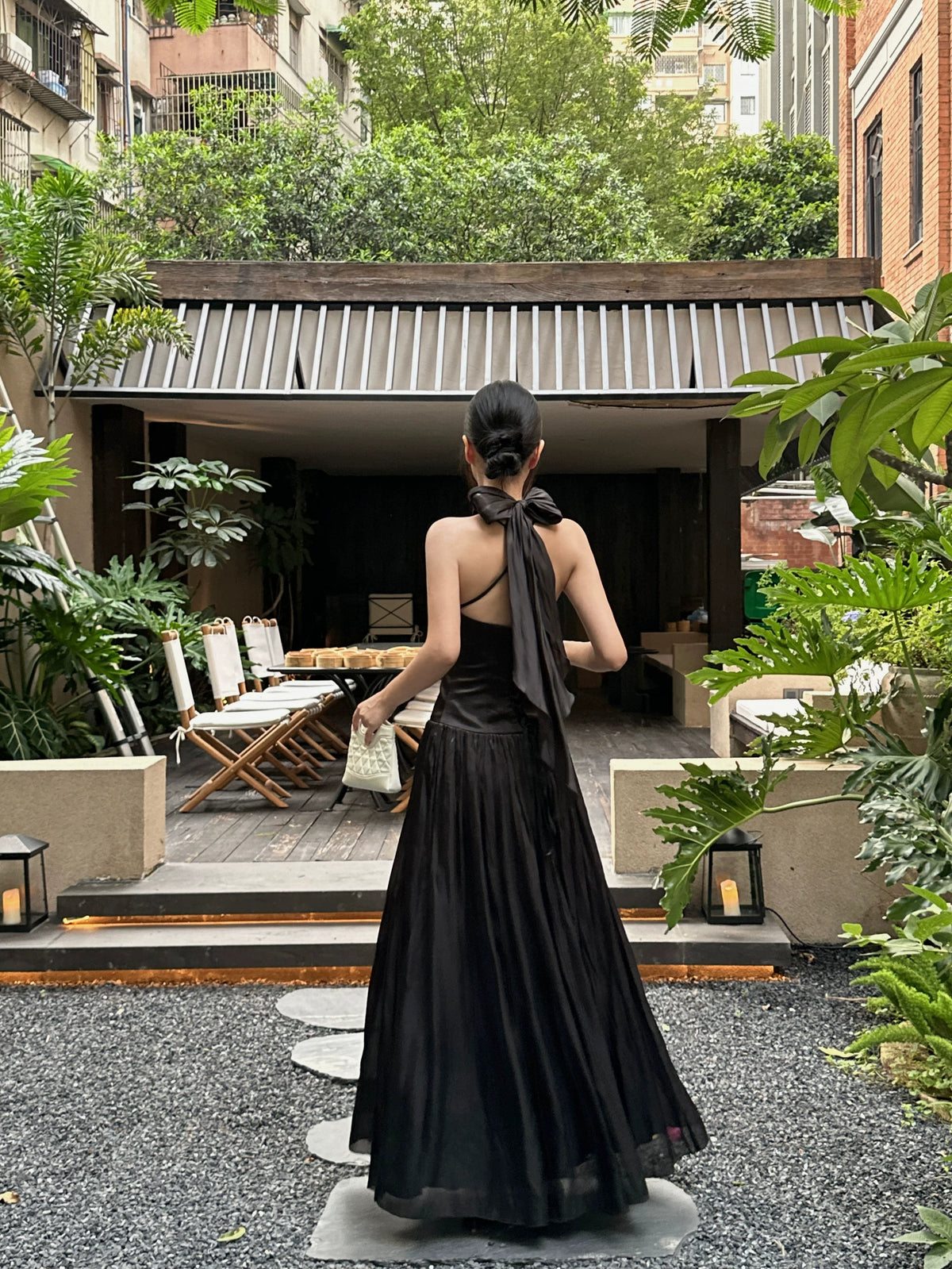 Scarf-Neck Pleated Satin Maxi Dress - detail or back view