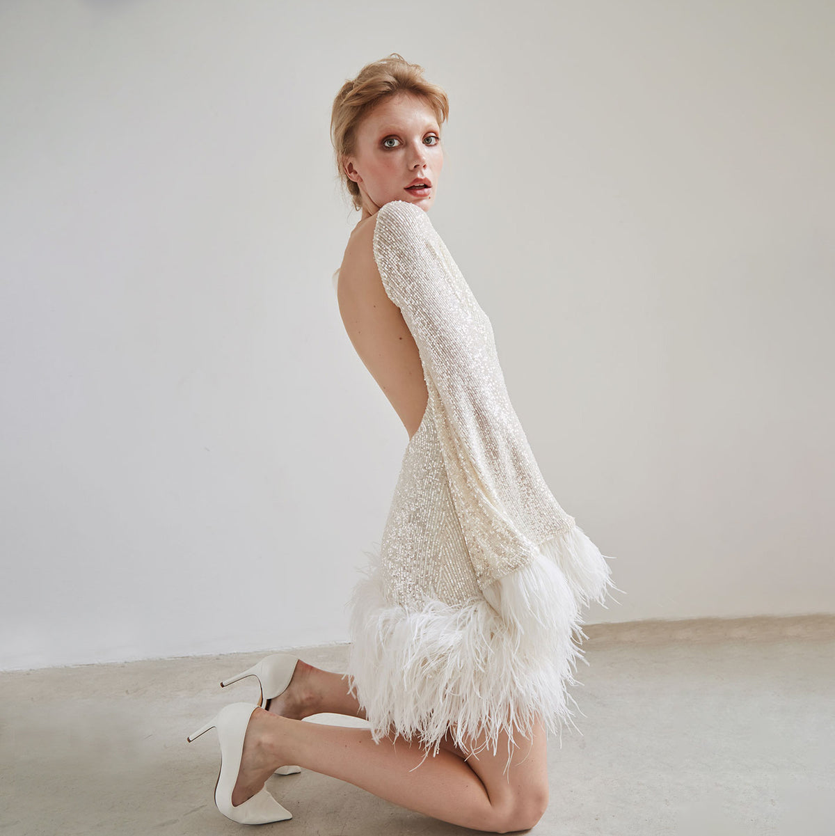 Women's Long-Sleeve Open-Back Feather-Trim Mini Dress