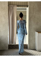 Blue Floral Ring Front Long Sleeve Maxi Dress - detail or back view