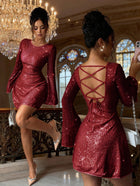 Women's Long-Sleeve Sequin V-Neck Mini Cocktail Dress - Burgundy