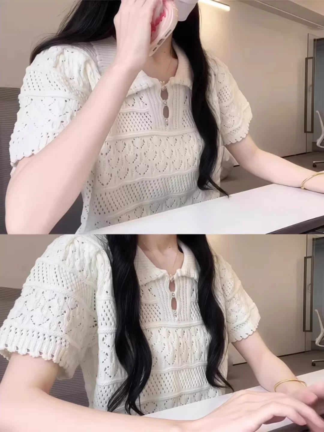 镂空polo领短袖针织衫女夏季t恤内搭2026新款小衫茶艺风掐腰上衣