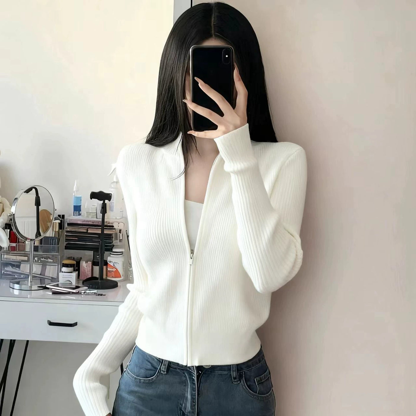 白色毛衣针织开衫外套女2026春秋新款温柔风外穿拉链通勤打底上衣