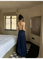Navy Ring Front Ruched Drop Waist Maxi Dress - detail or back view