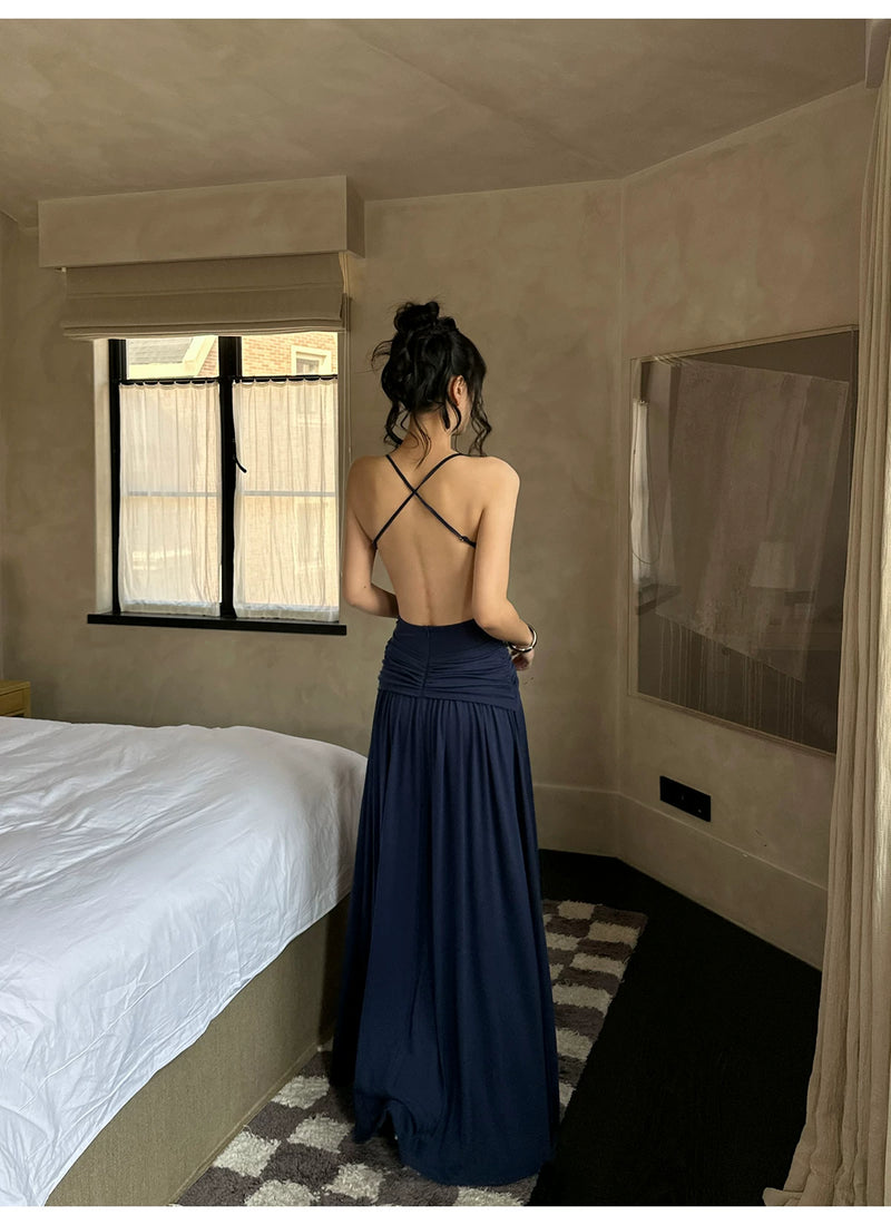 Navy Ring Front Ruched Drop Waist Maxi Dress - detail or back view