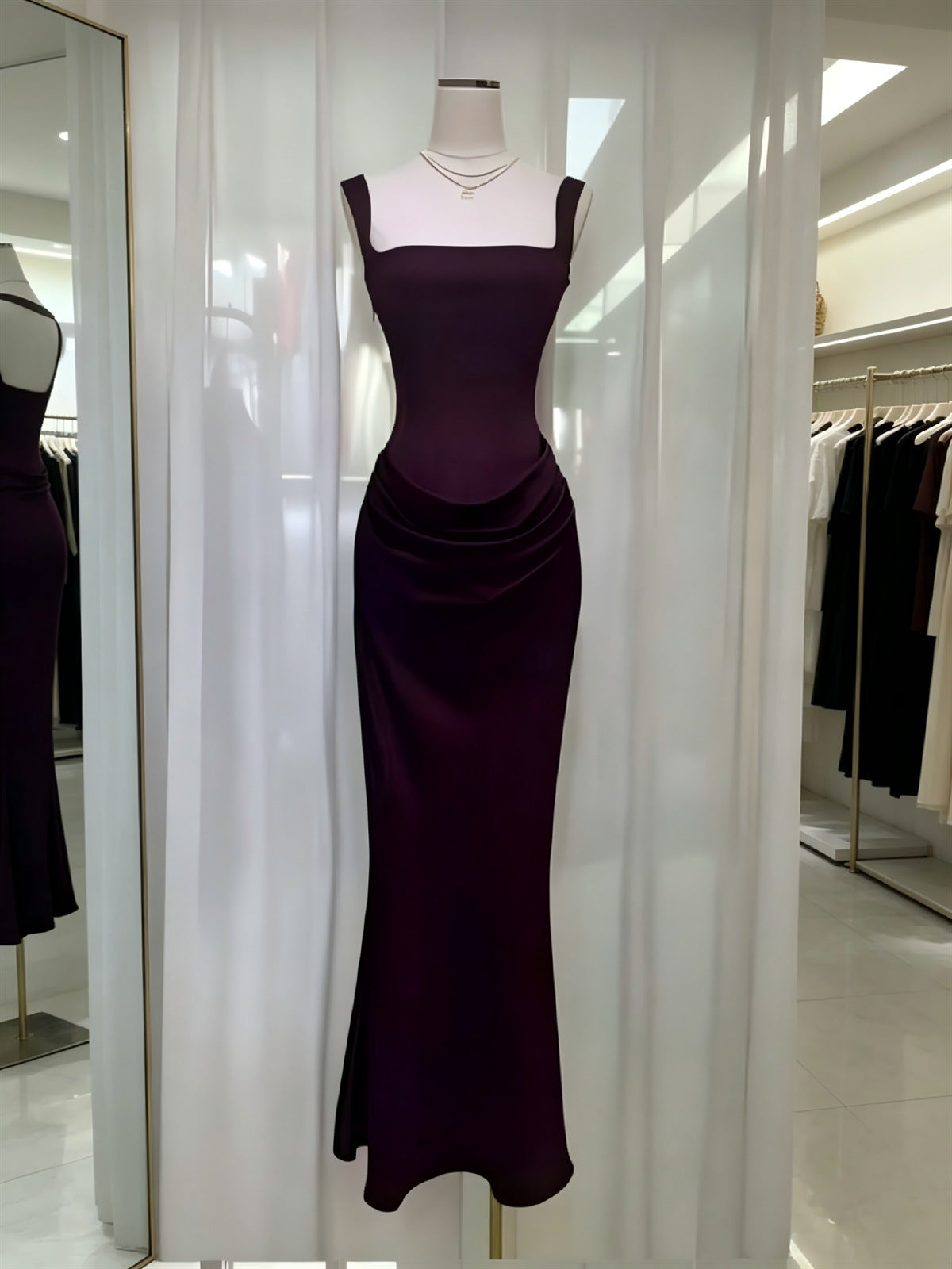 Women's Satin Cowl-Neck Ruched Maxi Evening Dress - Burgundy