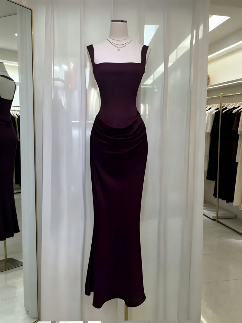 Women's Satin Cowl-Neck Ruched Maxi Evening Dress - Burgundy