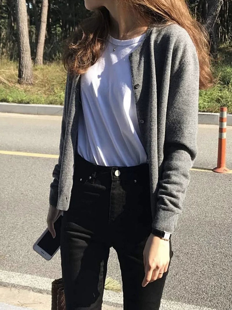 春秋针织衫毛衣开衫女大码胖mm微胖灰色显瘦圆领外搭上衣外套冬季