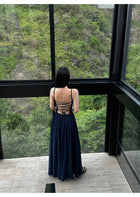 Navy Ruched Corset Spaghetti Strap Maxi Dress - detail or back view