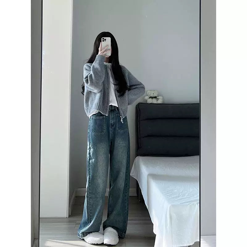 蓝色毛衣外套女针织开衫学生国潮牌秋冬外穿拉链上衣通勤卫衣加厚