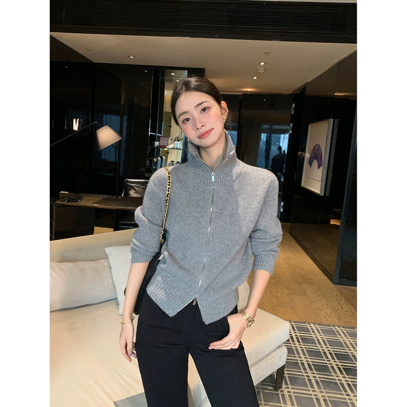 Maven Lin 智性模式 1OO羊毛立领毛衣开衫女双拉链针织外套上衣